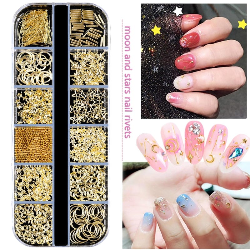 editTime 5 Boxes Gold & Silver Metal Nail 3D Punk Studs Star Moon Heart Triangle Square Rivet Gems Nail Art Jewels with a Curved Tweezers and a Nail Brush and a Wax Pen Picker (3-Gold & Silver) - Image 5